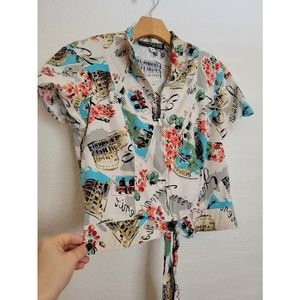 VNT Forwear cropped London inspired graphic top with front tye